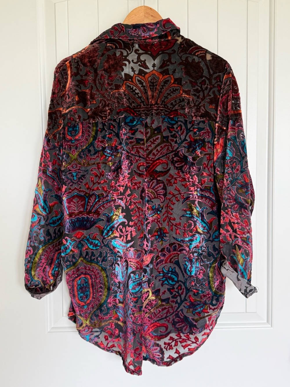Adore Burnout Velvet Blouse Large Multicolor Paisley Boho Sheer Top Button Down - Picture 3 of 7